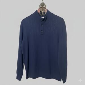 Turnbury Merino Wool Henley Sweater Mens Large Blue Mock Neck Knit Pullover